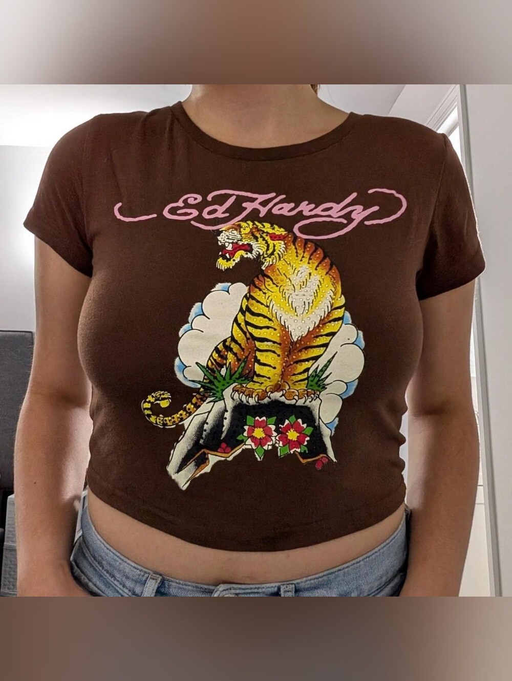 Ed Hardy Brown Graphic Tiger Rhinestone Crop